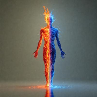 The primary subject of the image is a person, specifically a man, who is depicted as a silhouette. The man is shown in two different colors, one being red and the other being blue. The setting is a gray background, which contrasts with the vibrant colors of the man's silhouette. The visual style of the image is a combination of digital art and illustration, creating a striking and unique representation of the man. The overall atmosphere of the image is dynamic and visually striking, with the contrasting